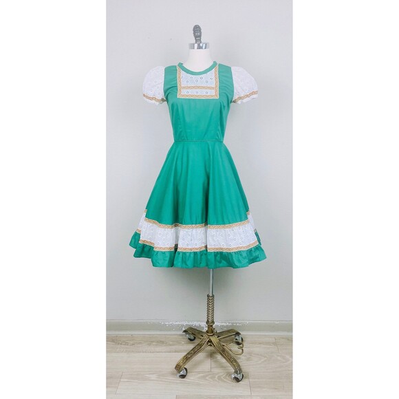 1970s Vintage Green 70s / Seventies Eyelet Puffed  Square Dance Dress / Medium - Picture 3 of 7